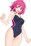  1girl :d antenna_hair ass_visible_through_thighs bangs bare_arms bare_shoulders black_swimsuit collarbone commentary_request competition_swimsuit covered_navel covered_nipples groin highres jilu looking_at_viewer one-piece_swimsuit original pink_hair red_eyes simple_background smile solo swimsuit white_background 