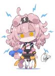  1girl :i ahoge animal_ears arknights beni_shake black_hairband black_jacket black_skirt blue_bow bow braid cat_ears cat_girl cat_tail chibi closed_mouth colored_shadow frilled_skirt frills full_body garter_straps goldenglow_(arknights) hair_bow hairband hand_up jacket lightning_bolt_print lightning_bolt_symbol long_hair long_sleeves looking_at_viewer open_clothes open_jacket pink_footwear pink_hair print_hairband puffy_long_sleeves puffy_sleeves shaded_face shadow shirt shoes signature single_braid skirt solo standing tail thighhighs very_long_hair white_background white_shirt white_thighhighs yellow_eyes 