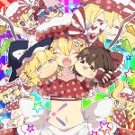  3girls alternate_costume bangs blonde_hair blush brown_hair closed_eyes closed_mouth fang flandre_scarlet hair_between_eyes hakurei_reimu hands_up highres kirisame_marisa multiple_girls nikorashi-ka one_side_up open_mouth smile tongue touhou 