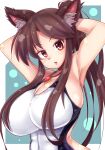  1girl absurdres animal_ears breasts brooch brown_hair cleavage competition_swimsuit highleg highleg_swimsuit highres imaizumi_kagerou jewelry large_breasts long_hair monster_girl norori one-piece_swimsuit red_eyes solo swimsuit touhou wolf_ears 