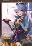  1girl absurdres bangs black_gloves blue_eyes blue_hair blue_skirt blurry blurry_background blush breasts character_request choker coat food genshin_impact gloves hair_ribbon hand_on_own_chest high_ponytail highres holding holding_plate indoors josal kamisato_ayaka long_hair looking_at_viewer medium_breasts open_mouth pink_rope plate ribbon rope sitting skirt smile solo sunlight teapot tree uniform white_coat wooden_floor yellow_choker 
