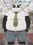  2022 anthro belly big_belly black_body black_nose bottomwear clothing giant_panda kemono male mammal mature_male necktie overweight overweight_male pants real shirt solo topwear ursid wantaro white_body 