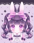  1girl animal_ears bangs black_hair blunt_bangs blush bow closed_mouth hair_bow heart heart-shaped_pupils heart_background highres himetsuki_luna looking_at_viewer original pink_bow pink_shirt puffy_short_sleeves puffy_sleeves purple_eyes rabbit_ears shirt short_sleeves signature smile solo sparkle symbol-shaped_pupils twintails twitter_username upper_body wrist_cuffs 