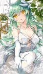  1girl bangs bare_shoulders blush breasts cleavage collarbone dragon_girl dragon_horns elbow_gloves fate_(series) gloves green_hair highres horns kiyohime_(fate) large_breasts long_hair looking_at_viewer morizono_shiki parted_lips plant smile solo thighhighs thighs white_gloves white_thighhighs yellow_eyes 