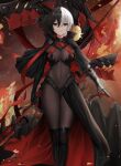  1girl arms_at_sides azur_lane bangs black_cape black_capelet black_footwear black_hair bodystocking bodysuit boots breasts bruenhilde_(azur_lane) cape capelet closed_mouth covered_navel cross feet_out_of_frame gauntlets hair_between_eyes highres holding holding_weapon horns iron_cross large_breasts legs_together looking_at_viewer machinery manjuu_(azur_lane) multicolored_hair qing_wu red_eyes short_hair sidelocks smile solo split-color_hair standing thigh_boots two-tone_hair waist_cape weapon white_hair 