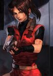  1girl belt bike_shorts blue_eyes breasts brown_hair claire_redfield denim fingerless_gloves gloves gun handgun hungry_clicker jacket long_hair looking_at_viewer ponytail red_jacket resident_evil resident_evil_2 short_shorts shorts sleeveless sleeveless_jacket solo weapon 