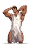  1boy absurdres apron bara black_hair closed_mouth hand_on_own_head highres large_pectorals looking_at_viewer male_focus muscular muscular_male naked_apron original pectorals selkiro short_hair simple_background smile solo thick_thighs thighs white_apron white_background 