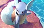  claws commentary_request day fangs looking_to_the_side naoki_eguchi no_humans outdoors pokemon pokemon_(creature) purple_eyes solo standing wartortle water 