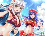 :d bangs beach belt bikini blue_eyes blue_hair blue_scarf breasts fire_emblem fire_emblem:_radiant_dawn fire_emblem:_the_binding_blade fire_emblem_heroes flower front-tie_top gloves grey_hair groin hair_flower hair_ornament hair_ribbon half_updo head_wreath highres kakiko210 light_rays lilina_(fire_emblem) long_hair looking_at_viewer medium_breasts micaiah_(fire_emblem) navel open_mouth outdoors outstretched_arms red_bikini red_gloves red_swimsuit ribbon scarf sideboob smile spread_arms sunlight swimsuit upper_body yellow_eyes 