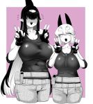  2girls :d bare_shoulders belt belt_pouch blush border breasts colored_inner_hair copyright_request covered_navel cropped_legs dekosukentr denim double_v double_w elbow_pads embarrassed extra_eyes fangs fins flying_sweatdrops greyscale_with_colored_background highres horns huge_breasts jeans long_hair multicolored_hair multiple_girls one_eye_covered open_mouth pants pink_background pointy_ears pouch shirt simple_background smile standing v very_long_hair w white_border 