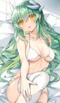  1girl bangs bare_shoulders bikini blush breasts cleavage collarbone dragon_girl dragon_horns fate_(series) green_hair highres horns kiyohime_(fate) large_breasts long_hair looking_at_viewer morizono_shiki parted_lips smile solo swimsuit thighhighs thighs underboob white_bikini white_thighhighs yellow_eyes 