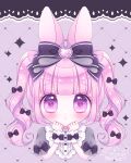  1girl :o animal_ears bangs black_bow blunt_bangs blush bow grey_shirt hair_bow heart heart-shaped_pupils heart_background highres himetsuki_luna looking_at_viewer original parted_lips pink_hair puffy_short_sleeves puffy_sleeves purple_eyes rabbit_ears shirt short_sleeves signature solo sparkle symbol-shaped_pupils twintails twitter_username upper_body wrist_cuffs 