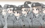  6+girls 7th_infantry_division :&lt; aiguillette animal_ears arms_behind_back badge bandaid bandaid_on_face beret black_eyes black_necktie blurry blurry_background blush breast_pocket brown_hair buttons cat_ears closed_mouth depth_of_field ebifly emblem glasses grey_headwear grey_jacket hair_bun hair_over_one_eye hat highres jacket medal military military_rank_insignia military_uniform mole mole_under_eye multiple_girls name_tag necktie original pocket ponytail ribbon_bar semi-rimless_eyewear short_hair single_hair_bun standing twitter_username under-rim_eyewear uniform united_states_army upper_body white_hair wing_collar 