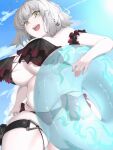  1girl :d ahoge armband bikini bow breasts cloud earrings fate/grand_order fate_(series) frills from_below highres jeanne_d&#039;arc_alter_(fate) jeanne_d&#039;arc_alter_(swimsuit_berserker)_(fate) jewelry looking_at_viewer looking_down navel pale_skin ri_o_ne_su skindentation sky smile solo swimsuit thigh_strap underboob white_hair yellow_eyes 