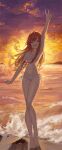  1girl ^_^ ^o^ absurdres arisugawa_natsuha beach bikini breasts cleavage closed_eyes full_body highres idolmaster idolmaster_shiny_colors mansu_(user_pnmp4287) medium_breasts orange_hair outdoors outstretched_arm side-tie_bikini smile solo sunset swimsuit v white_bikini 