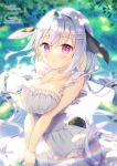  1girl animal_ears aoi_yun bag bangs blurry blurry_background breast_squeeze breasts censored censored_text closed_mouth day depth_of_field grey_hair hair_between_eyes hair_ornament hairclip highres holding holding_bag large_breasts light_brown_hair long_hair looking_at_viewer low_twintails mosaic_censoring multicolored_hair original outdoors purple_eyes rabbit_ears rabbit_girl rabbit_tail smile solo tail tree twintails two-tone_hair v_arms very_long_hair 