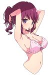  1girl armpits arms_under_breasts bangs bow bow_bra bra breasts cleavage cropped_torso hair_tie hair_tie_in_mouth highres large_breasts long_hair looking_at_viewer machikado_mazoku mel_(melty_pot) mouth_hold navel older pink_bra purple_eyes purple_hair ribbon-trimmed_bra simple_background solo underwear underwear_only white_background yoshida_ryouko 