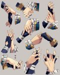  2boys chongyun_(genshin_impact) commentary_request couple fingerless_gloves frilled_sleeves frills genshin_impact gloves grey_background heart holding_hands male_focus multiple_boys s_t_k_n_1 simple_background tagme xingqiu_(genshin_impact) yaoi 