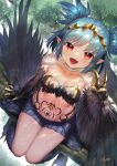  1girl bangs bird_legs black_feathers black_wings blue_hair blush breasts claws cleavage commission fang feathers harpy highres in_tree indie_virtual_youtuber lincoro monster_girl navel open_mouth pointy_ears red_eyes short_hair short_twintails sitting_on_branch skeb_commission solo stomach_tattoo talons tattoo tiara tree twintails v virtual_youtuber winged_arms wings yapo_(croquis_side) 