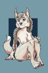  2021 2:3 4_toes 5_fingers anthro blue_eyes braided_hair breasts canid canine canis cheek_tuft chest_tuft claws colored dxm8 ear_tuft facial_tuft feet felid feline female finger_claws fingers freckles genitals godje_(nightdancer) hair hi_res hybrid inner_ear_fluff looking_at_viewer lynx mammal markings nipples nude paws pussy signature simple_background sitting solo toe_claws toes tuft whisker_markings wolf 