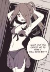  1girl absurdres arms_behind_head bikini breasts doorway dutch_angle english_text highres little_witch_academia long_hair madabau monochrome one_eye_covered ponytail red_eyes small_breasts solo sucy_manbavaran swimsuit tagme teeth transparent 