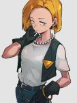  1girl android_18 bead_necklace beads belt black_gloves blonde_hair blue_eyes blue_pants bracelet brown_belt denim dragon_ball dragon_ball_z gloves grey_background jeans jewelry kemachiku looking_at_viewer necklace pants shirt short_hair short_sleeves simple_background solo white_shirt 