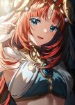  1girl :d armpits bangs blue_eyes breasts brooch colored_eyelashes crop_top genshin_impact head_tilt horns jewelry long_hair looking_at_viewer medium_breasts midriff nilou_(genshin_impact) open_mouth red_hair silence_girl smile solo upper_body 