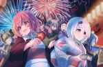  2boys 5girls :d aerial_fireworks ahoge arm_up black_hair blurry blurry_background candy_apple character_request clenched_hand closed_eyes clothes_tug fang fireworks food green_hair green_lips grey_hair hair_ornament hairclip highres holding holding_food japanese_clothes kimono multicolored_hair multiple_boys multiple_girls nijisanji outdoors pink_eyes pink_hair pointy_ears sanpaku sasaki_saku sata_nakia shiina_yuika short_hair skin_fang smile streaked_hair summer_festival takoyaki u_kyoumaru virtual_youtuber white_kimono yukata 