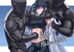  1girl 2boys armor bangs bare_shoulders baseball_cap black_headwear black_shirt blue_archive blue_eyes blue_hair blunt_bangs blush breasts crop_top hat jacket long_hair looking_at_viewer medium_breasts multiple_boys open_clothes open_jacket paid_reward_available punching restrained ryona saori_(blue_archive) shirt simple_background stomach stomach_punch white_jacket yan_(situyan0303) 