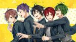  5boys ahoge black_hair blue_eyes character_request copyright_name green_eyes green_hair hair_between_eyes hori-san_to_miyamura-kun ishikawa_tooru light_brown_hair male_focus messy_hair miyamura_izumi multiple_boys open_mouth purple_hair red_eyes red_hair school_uniform standing sweatdrop yuyu_(yuyudesu0806) 