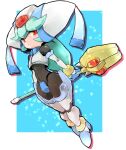  1girl android bodysuit closed_mouth full_body gloves green_hair helmet holding jamir long_hair looking_at_viewer mega_man_(series) mega_man_zx pandora_(mega_man) red_eyes solo staff weapon 