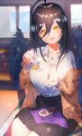  1girl albedo_(overlord) bangs bento black_feathers black_hair black_wings breasts cleavage demon_girl demon_horns feathered_wings feathers fork gnsk hair_between_eyes highres holding holding_fork horns incoming_food jewelry large_breasts long_hair long_sleeves looking_at_viewer low_wings necklace open_mouth overlord_(maruyama) pleated_skirt pov school_uniform shirt skirt skull_necklace slit_pupils smile uniform white_horns white_shirt wings yellow_eyes 