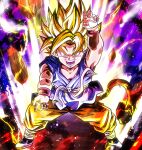  aura blonde_hair blue_eyes dougi dragon_ball dragon_ball_gt highres incoming_attack kamehameha karate_gi martial_arts martial_arts_belt monkey_tail open_mouth powering_up saiyan son_goku spiked_hair super_saiyan super_saiyan_1 tail teeth uniform ushi_(akabec0) 