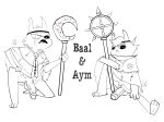  angry anthro aym_(cult_of_the_lamb) baal_(cult_of_the_lamb) balls bottomless clothed clothing cult_of_the_lamb duo eye_scar facial_scar flaccid genitals hi_res line_art male noinipi penis robe scar staff vein veiny_penis 