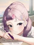  1girl :t absurdres blue_eyes blush closed_mouth ear_piercing forehead hair_rollers hetero highres holding holding_pen indoors long_hair looking_at_viewer luxiel original paper pen piercing pink_hair ponytail purple_eyes solo translation_request upper_body window 