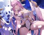  1girl bangs bare_shoulders blush breasts cleavage dress elysia_(herrscher_of_human:ego) elysia_(honkai_impact) gloves greek_toe grin hair_ornament highres honkai_(series) honkai_impact_3rd large_breasts looking_at_viewer one_eye_closed parted_lips petals pink_eyes pink_hair sleeveless sleeveless_dress smile solo strapless strapless_dress teeth thighs toes vierzeck white_dress white_gloves 