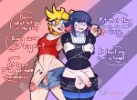  2boys anger_vein angry artist_name blonde_hair blue_eyes blue_hair blue_nails english_commentary english_text genderswap genderswap_(ftm) highres hornynym humiliation large_penis male_focus multiple_boys nail_polish panty_&amp;_stocking_with_garterbelt panty_(psg) penis penis_size_difference red_nails stocking_(psg) thick_thighs thighs 
