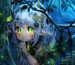  1girl absurdres artist_name bangs blurry blurry_background cross-shaped_pupils detached_sleeves dress english_commentary female_child finger_to_mouth fireflies genshin_impact gradient_hair green_eyes green_hair hair_ornament highres leaf_hair_ornament long_hair looking_at_viewer muenoart multicolored_hair nahida_(genshin_impact) night pointy_ears shushing solo white_dress white_hair 