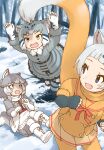  3girls animal_ears animal_print black_gloves blue_eyes blush boots bow bowtie cat_ears cat_girl cat_print cat_tail commentary_request dog_(mixed_breed)_(kemono_friends) dog_ears dog_girl dog_tail elbow_gloves fang fangs fingerless_gloves fur_trim gloves grey_fur grey_hair grey_jacket grey_pantyhose grey_skirt grey_sweater harness heterochromia high-waist_skirt highres jacket japanese_marten_(kemono_friends) jumping kemono_friends long_hair looking_back lying midair multicolored_hair multiple_girls on_back open_mouth pallas&#039;s_cat_(kemono_friends) pantyhose pouncing red_bow red_bowtie rumenia_(ao2is) sailor_collar scarf sidelocks skirt sweater tail two-tone_hair two-tone_pantyhose two-tone_sweater white_bow white_bowtie white_footwear white_gloves white_hair white_pantyhose white_scarf white_sweater yellow_eyes yellow_fur yellow_pantyhose yellow_skirt yellow_sweater 