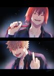  2boys adcalcium bakugou_katsuki black_background black_shirt blonde_hair boku_no_hero_academia collared_shirt commentary_request highres holding_necktie jewelry kirishima_eijirou long_sleeves looking_at_viewer male_focus middle_finger multiple_boys necklace open_clothes open_mouth open_shirt red_eyes red_hair sharp_teeth shirt short_hair signature spiked_hair teeth tongue tongue_out undone_necktie 