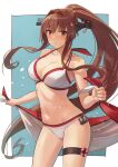  1girl bikini blush breasts brown_hair cleavage collarbone commission flower hair_flower hair_intakes hair_ornament headgear highres holding_sarong kantai_collection large_breasts long_hair looking_at_viewer navel official_alternate_costume outside_border parted_lips ponytail red_bikini red_eyes revision sidelocks skeb_commission solo swimsuit tantaka thigh_strap two-tone_bikini very_long_hair white_bikini yamato_(kancolle) 