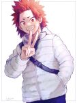  1boy adcalcium alternate_costume boku_no_hero_academia coat commentary_request cowboy_shot grin hand_in_pocket highres kirishima_eijirou long_sleeves looking_at_viewer male_focus red_eyes red_hair sharp_teeth short_hair signature simple_background smile solo spiked_hair standing teeth v white_background white_coat 