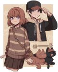  1boy 1girl :3 :d =_= adjusting_clothes adjusting_headwear animal animalization baseball_cap black_headwear black_jacket blue_eyes brown_hair brown_skirt casual cat clothed_animal commentary cropped_legs cropped_torso drawstring hand_on_headwear hat hood hoodie jacket long_sleeves looking_at_viewer miniskirt mole mole_under_eye nana_0253 oki_kouji pleated_skirt purple_eyes red_headwear shirt short_hair skirt smile striped striped_sweater sweater ui_madoka visor_cap white_shirt world_trigger 