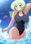  1girl absurdres breasts cleavage competition_swimsuit eyeball green_eyes highres komeiji_koishi large_breasts light_green_hair medium_hair ocean one-piece_swimsuit outdoors polyhedron2 sky solo swimsuit third_eye touhou water wavy_hair 