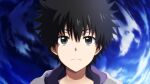  1boy bangs black_hair blue_background brown_eyes closed_mouth commentary english_commentary highres hood hoodie kamijou_touma looking_at_viewer male_focus purple_hood serious short_hair solo spiked_hair split_mouth straight-on toaru_majutsu_no_index upper_body user_erpr3844 white_hoodie 