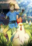  1boy :d animal bird blonde_hair blue_tunic boots brown_footwear chicken fingerless_gloves gloves grass link male_focus outdoors pointy_ears smile solo standing the_legend_of_zelda the_legend_of_zelda:_breath_of_the_wild yuyu_(yuyudesu0806) 