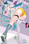 1girl absurdres ass bent_over blue_bow blue_eyes blue_hair bow can checkered_clothes checkered_legwear floating_hair from_behind full_body hair_bow hatsune_miku highres holding holding_can jacket jiujiuyatou_(yayanzz) long_hair looking_at_viewer looking_back off_shoulder panties polka_dot polka_dot_bow single_sock single_thighhigh socks solo thigh_strap thighhighs twintails underwear very_long_hair vocaloid white_footwear white_jacket white_thighhighs yellow_panties 