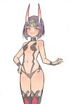  1girl absurdres blush bob_cut breasts eyeliner fang fate/grand_order fate_(series) highres horns kiritzugu looking_at_viewer makeup navel oni oni_horns open_mouth purple_eyes purple_hair revealing_clothes short_hair shuten_douji_(fate) small_breasts smile 