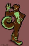  anthro brown_body brown_claws brown_ears brown_eyes brown_fur brown_head_tuft brown_pawpads brown_tail canid cheek_tuft claws curled_tail elbow_tuft facial_tuft floppy_ears fur green_body green_eyes green_fur green_nose green_pawpads green_stripes green_tail green_tongue grey_nose head_tuft hi_res male mammal multicolored_body multicolored_eyes multicolored_fur multicolored_pawpads pawpads pose red_background signature simple_background solo standing striped_arms striped_legs stripes tongue tuft two_tone_body two_tone_eyes two_tone_fur two_tone_pawpads yaoifairy 