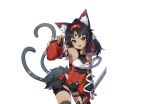  1girl animal_ears bell black_hair cat_ears cat_girl cat_tail dark-skinned_female dark_skin detached_sleeves facial_mark forehead_mark highres hip_vent looking_at_viewer multiple_tails neck_bell nekomata nekomiya_mana official_art red_eyes shirt short_hair shorts sleeveless sleeveless_shirt solo tail thighhighs transparent_background two_tails zenless_zone_zero 